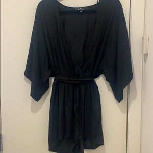 Short sleeve black satin romper